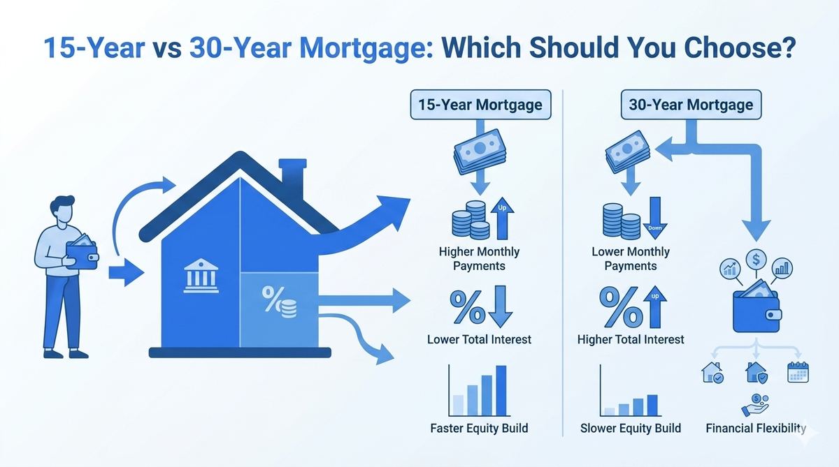 Simple flat illustration comparing two house shapes in blue, representing mortgage term lengths