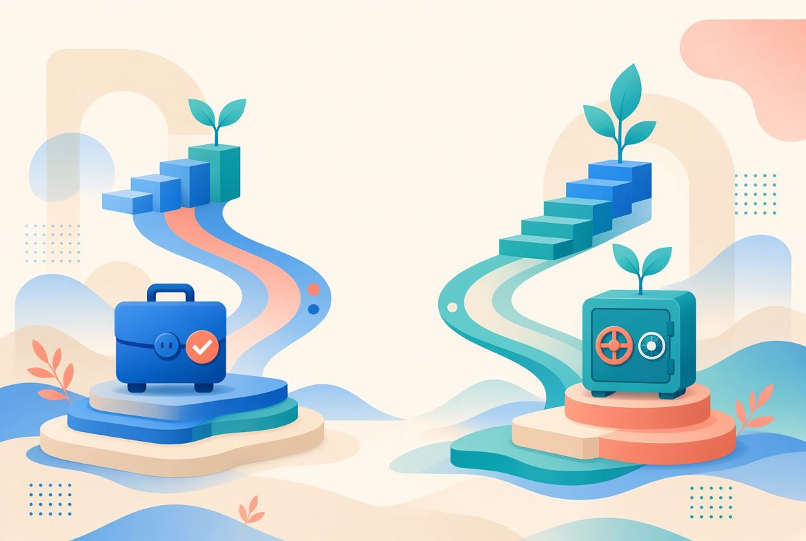 Simple flat illustration of two savings jars with a blue color palette, representing retirement accounts