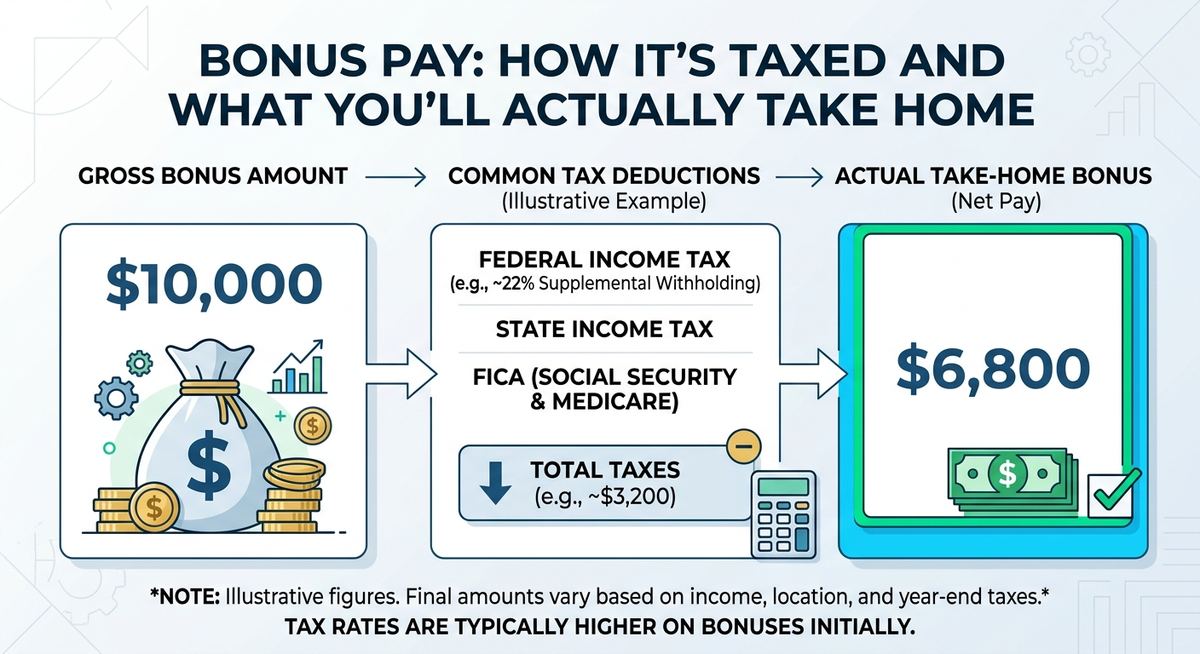 Simple flat illustration representing bonus pay taxation