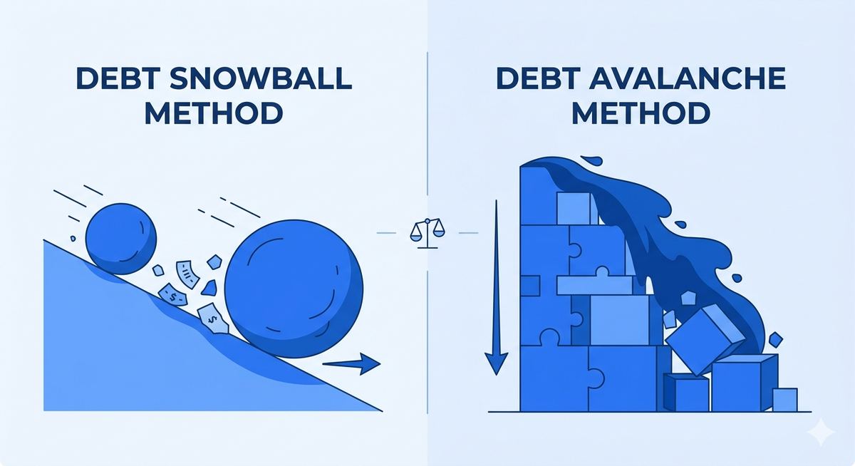 Simple flat illustration of stacked coins with a blue color palette, representing debt payoff strategies