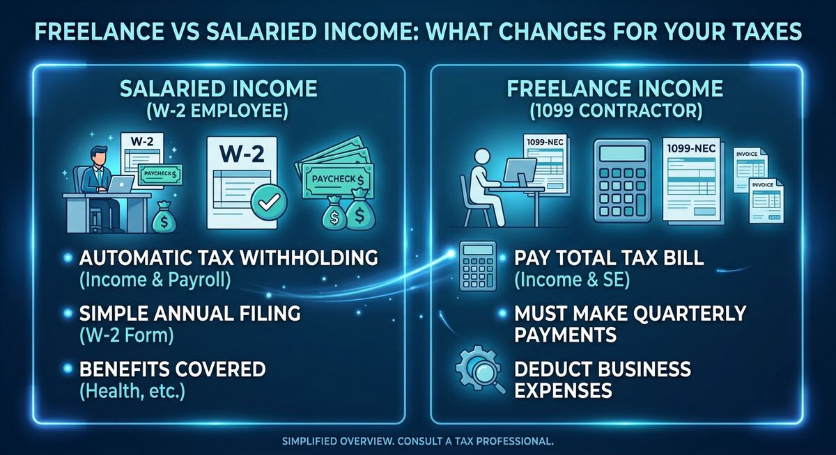Simple flat illustration representing freelance versus salaried income