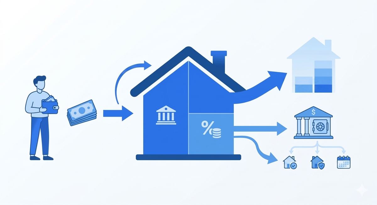 Simple flat illustration of a house with a blue color palette, representing mortgage payments