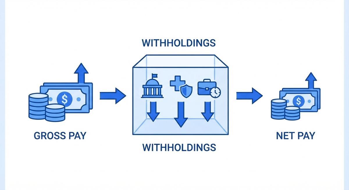 Simple flat illustration of a paycheck with a blue color palette, representing tax withholding