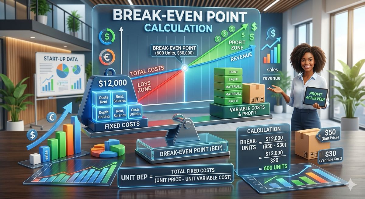 Simple flat illustration of a balance scale with a blue color palette, representing break-even analysis