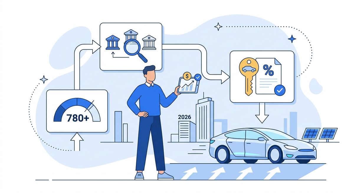 Simple flat illustration of a percentage sign next to a car in blue, representing auto loan rates