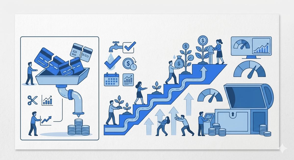 Simple flat illustration of a credit card with a blue color palette, representing debt payoff