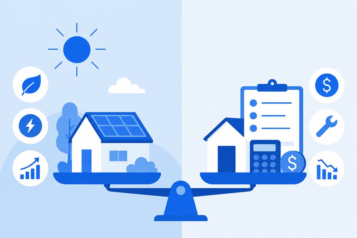 Simple flat illustration of a sun and house with a blue color palette, representing solar savings