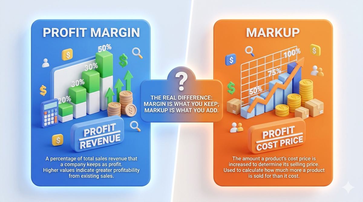 Simple flat illustration of a price tag with a blue color palette, representing profit margin and markup
