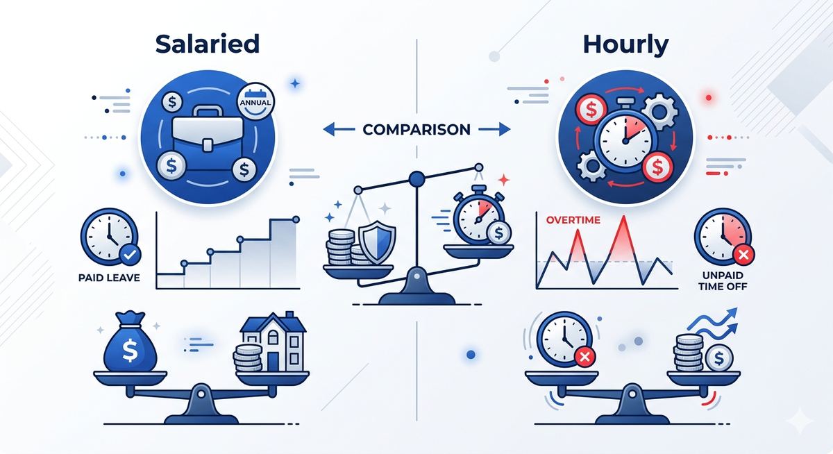 Simple flat illustration of a clock and money with a blue color palette, representing salary comparison