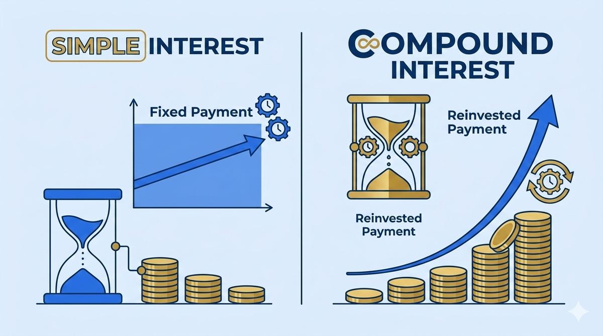 Simple flat illustration comparing two growth lines with a blue color palette, representing interest types