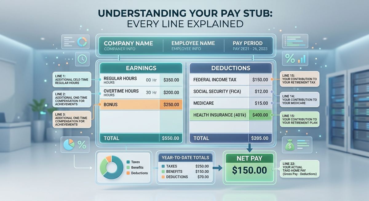 Simple flat illustration representing a pay stub breakdown