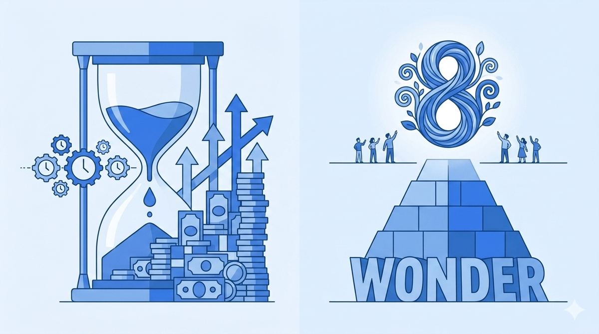 Simple flat illustration of an upward growth chart with a blue color palette, representing compound interest